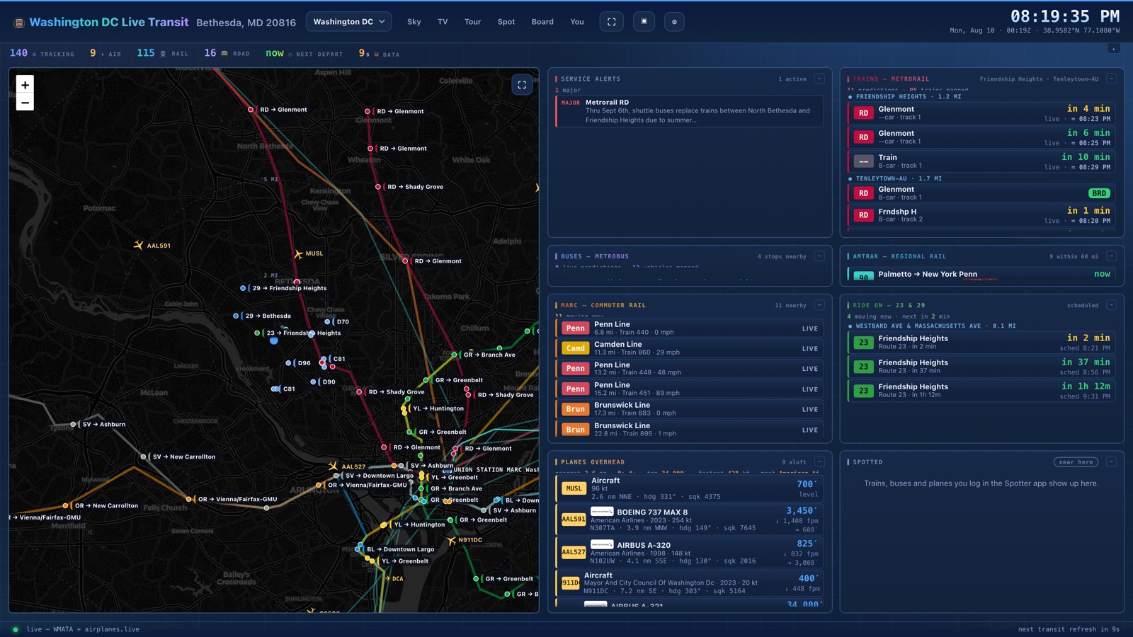 The Washington DC board: a live map covered in labelled Metro trains, buses and
              aircraft, beside cards showing Metrorail predictions, Amtrak services running
              between 11 and 107 minutes late, MARC commuter trains and planes overhead.