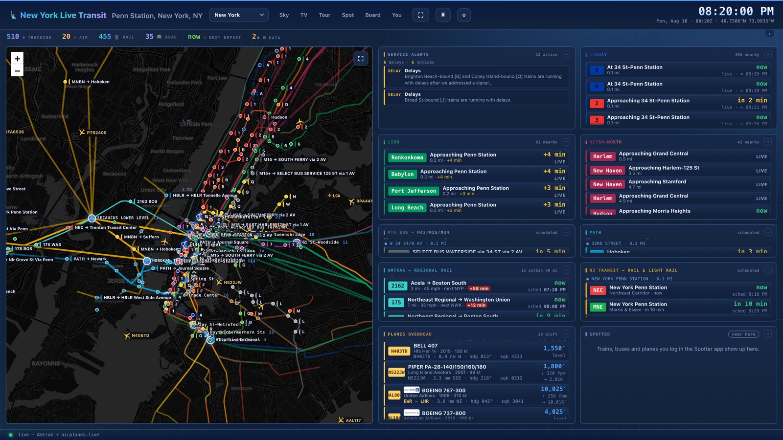 The New York board with subway, PATH, Long Island Rail Road and Metro-North
                  departures beside a live map of moving trains.