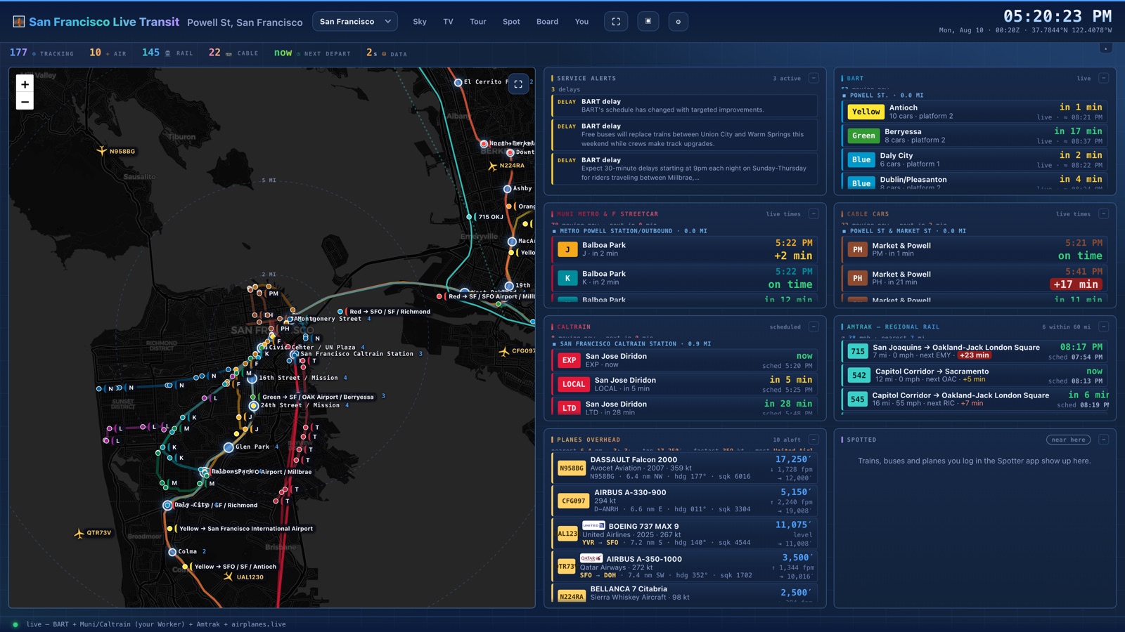 The San Francisco board showing BART, Muni, Caltrain and cable car departures
                  with a live vehicle map.