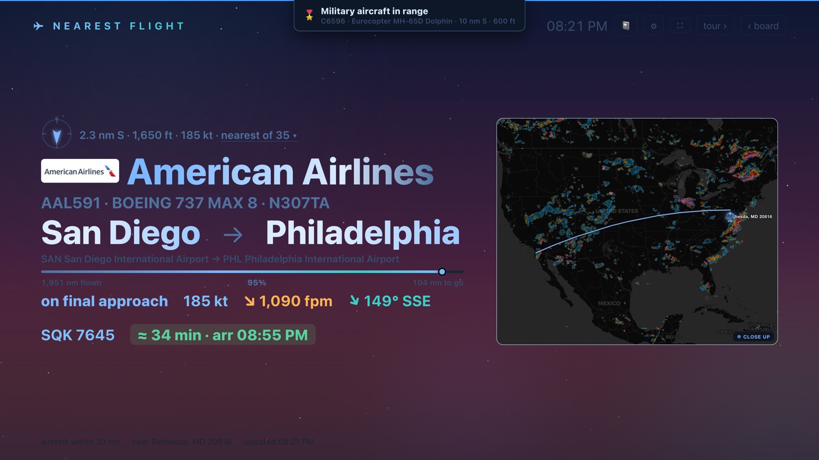Sky view: an American Airlines Boeing 737 MAX 8 from San Diego to Philadelphia
                  on final approach, with a live weather-radar map of the United States.